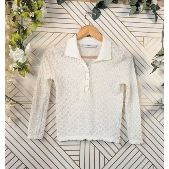 ZARA Women's Stitch Polo White Collared Button Knit Sheer Crotchet Size Small - Picture 1 of 7